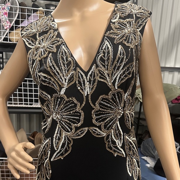 Adrianna Papell Black and Gold Floral Sequin Dress